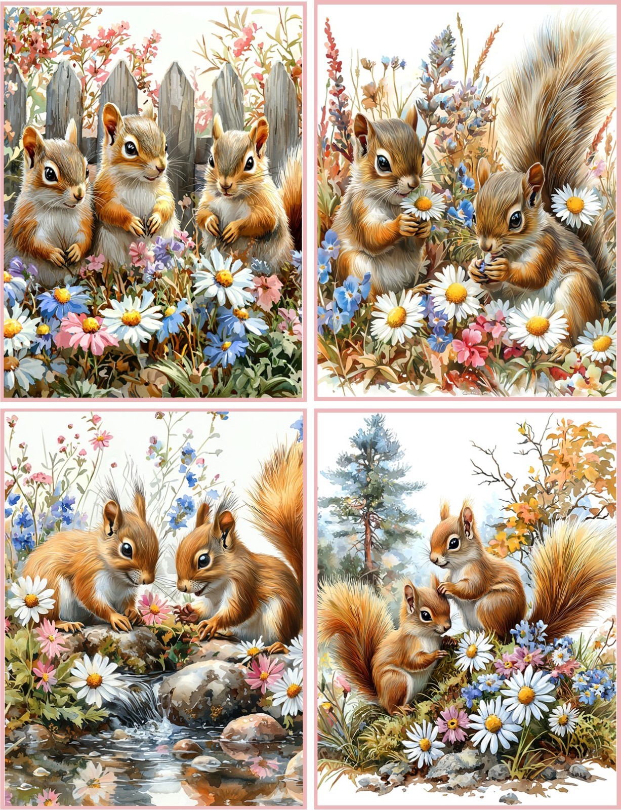 8 Squirrels Flowers Shabby Chic glossy blank fold out Note Card envelopes
