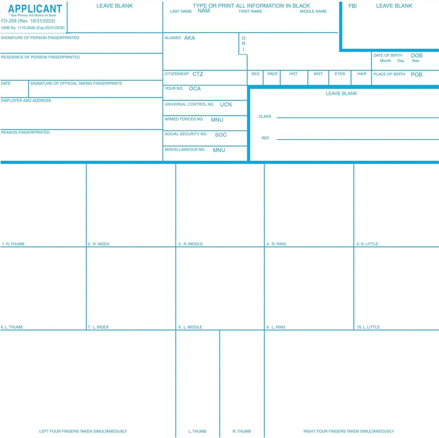 Trusted FD-258 Applicant Cards 250 Count