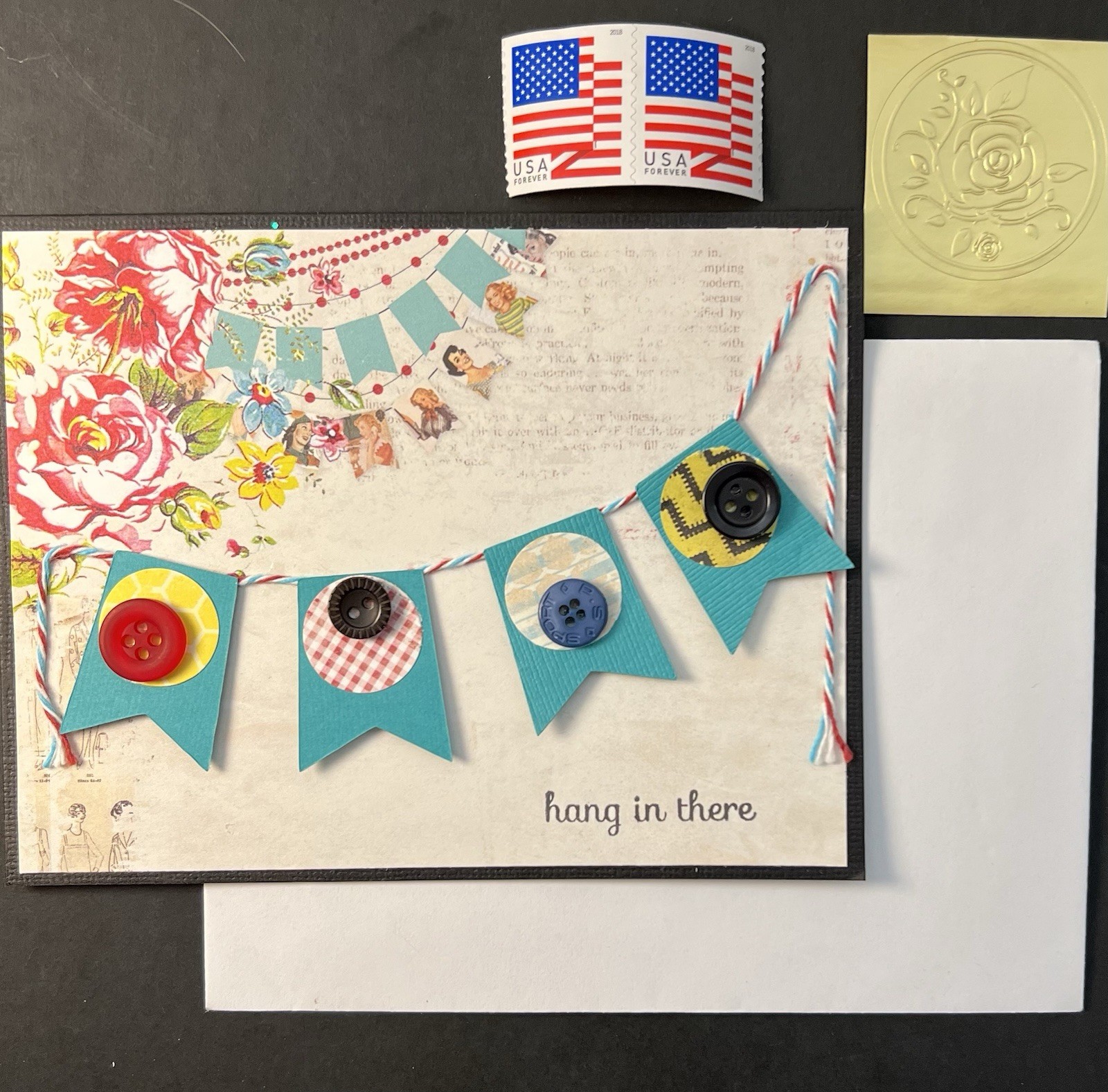3D Handmade “Hang In There” ENCOURAGEMENT Card Banner Buttons Env/Seal/Stamps BN