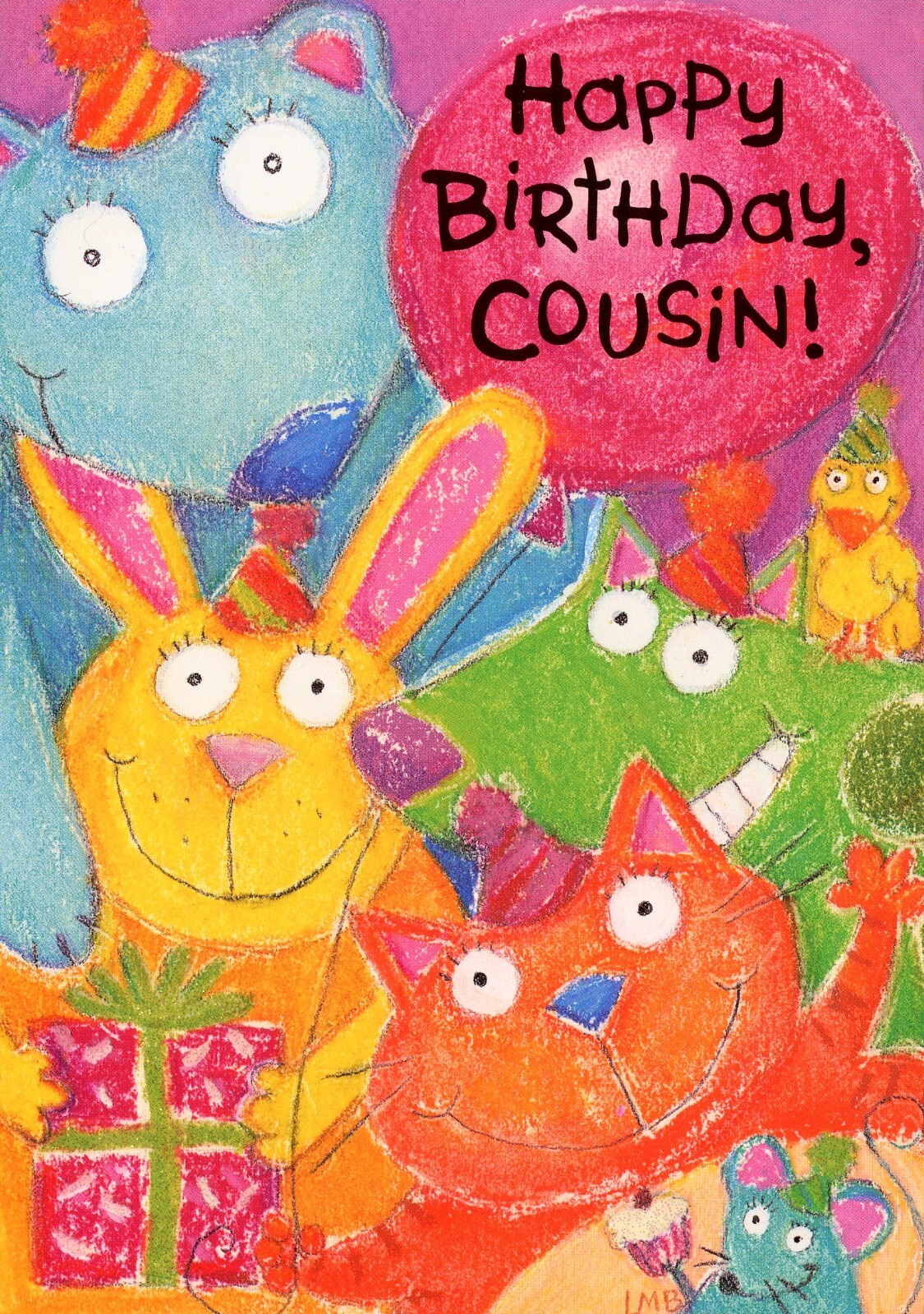 Cute HAPPY BIRTHDAY COUSIN Card, Crayon Animals Balloon by Gibson Greetings +✉
