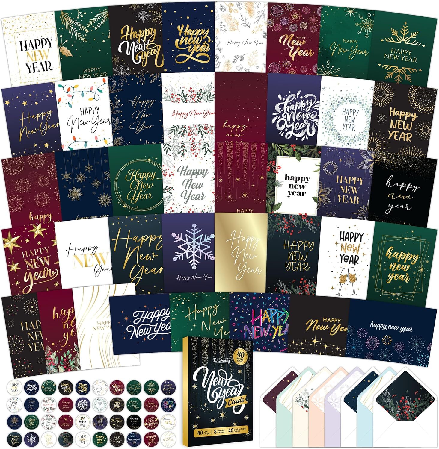 40 Pack Foiled Happy New Year Cards with Envelopes – 5X7In, 40 Unique Designs