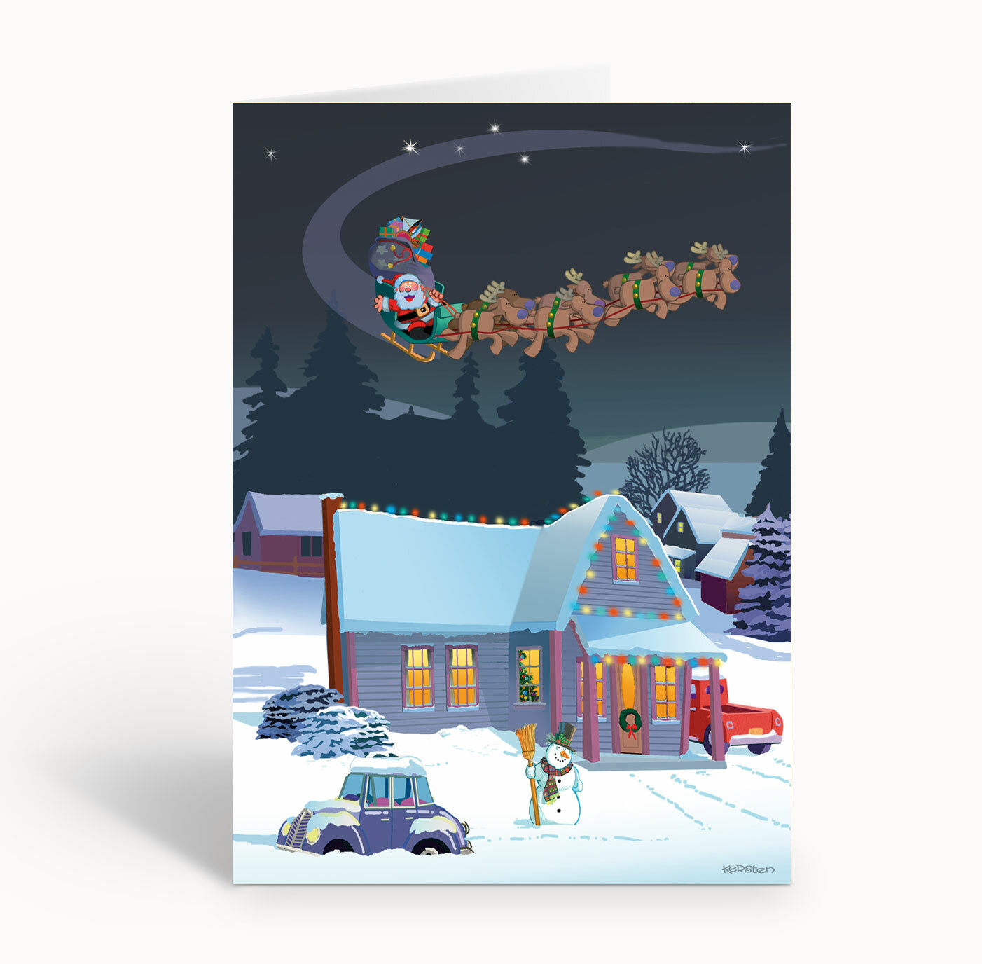 Santa Flying Over a Holiday Home – 18 Christmas Cards and Envelopes – 20148