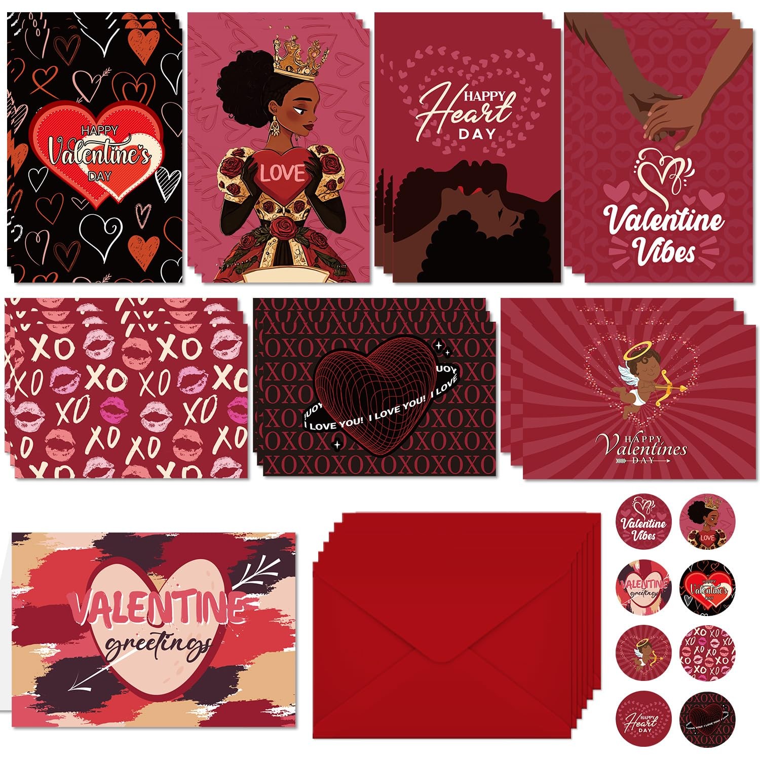 32-Pack African American Valentine’s Day Cards with Envelopes and Stickers
