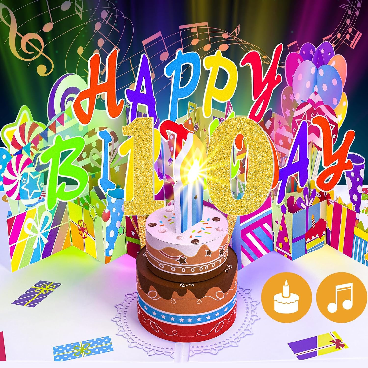 10TH Musical Birthday Popup Card, Blowable Colorful Light Candle 3D Cards