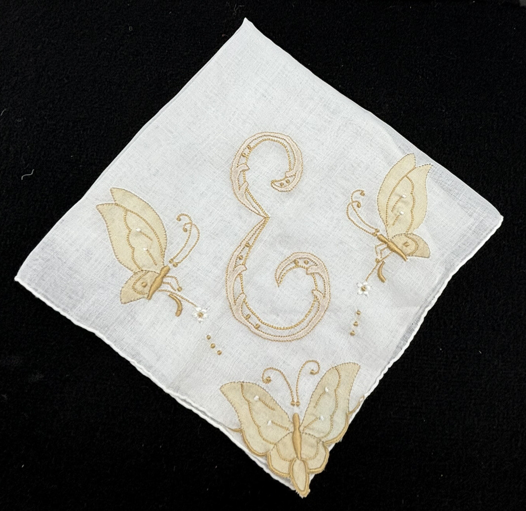 Embroidered Yellow Gold MONOGRAM E Linen Handkerchief Applique BUTTERFLIES