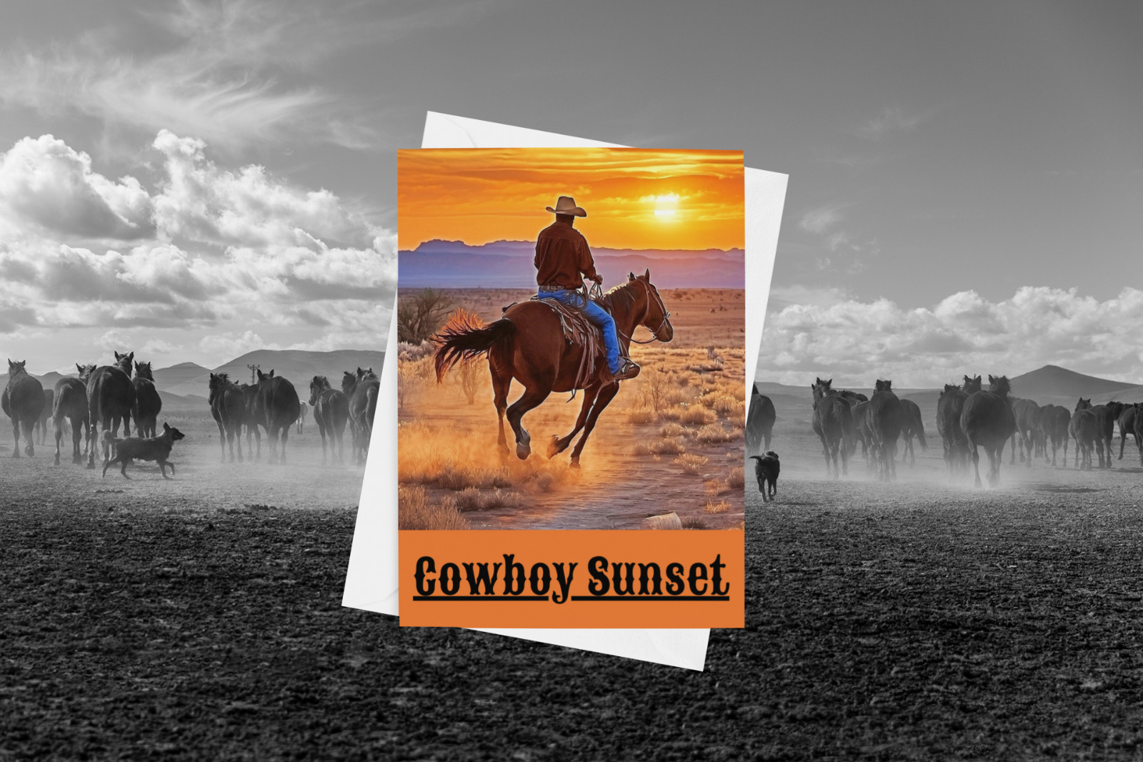 Frameable Greeting Card 5X7 inch COWBOY SUNSET Cowboy riding off into the sunset