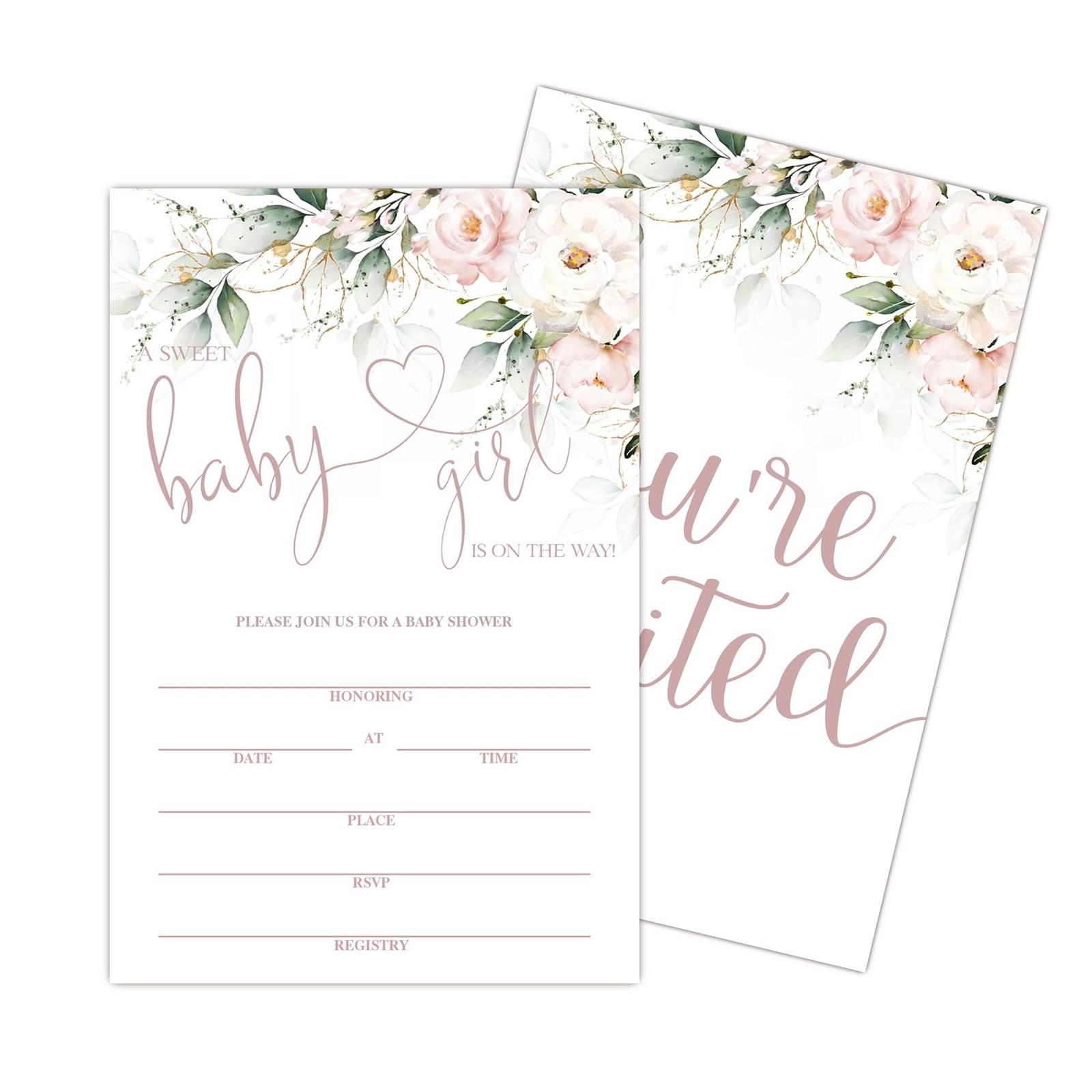 25 PCS Baby Shower Invitations Sweet Girl Floral Fill In Invites With Envelope