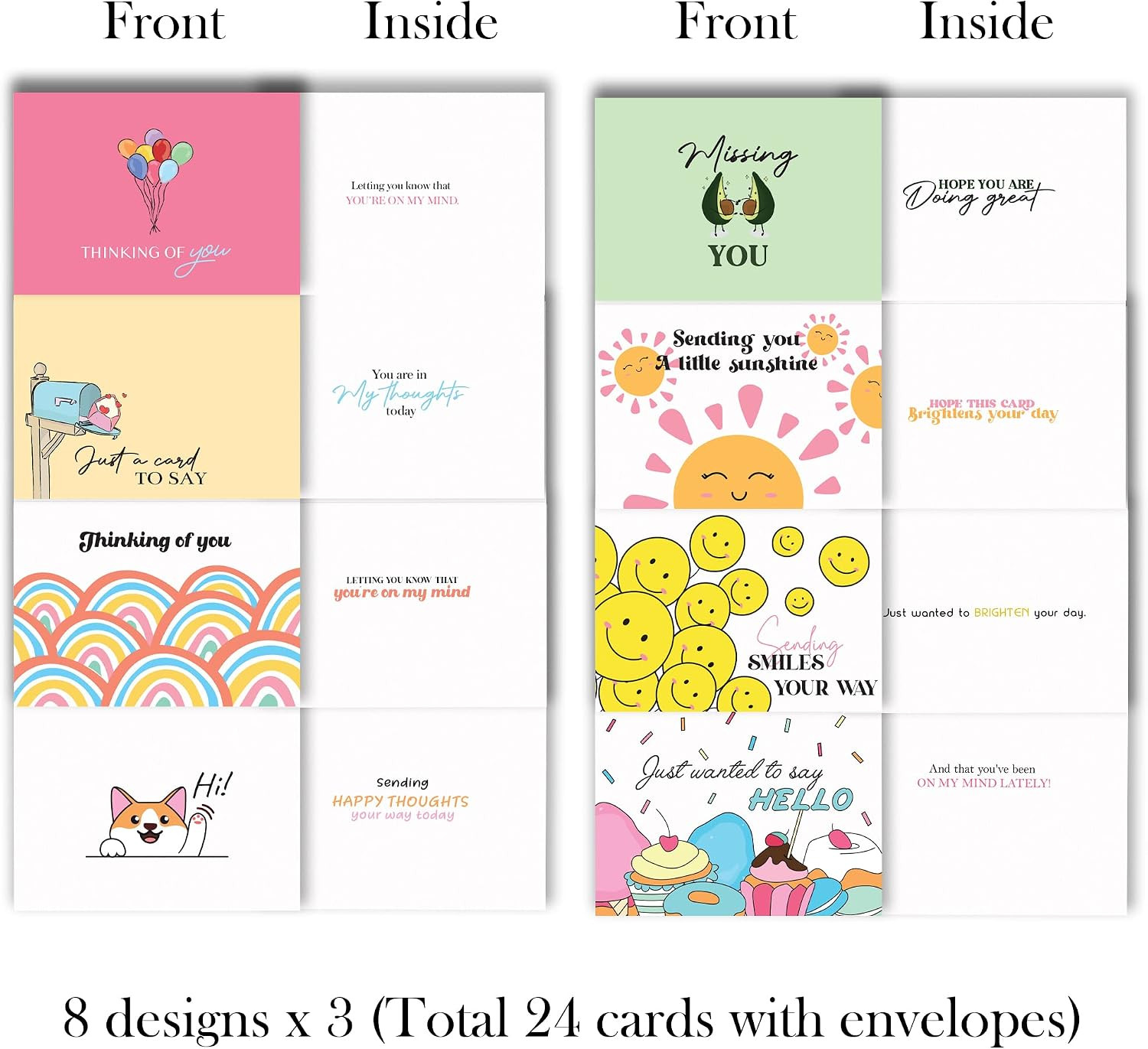 24 Thinking of You Cards with Envelopes – Beautiful Encouragement Cards with 8 D