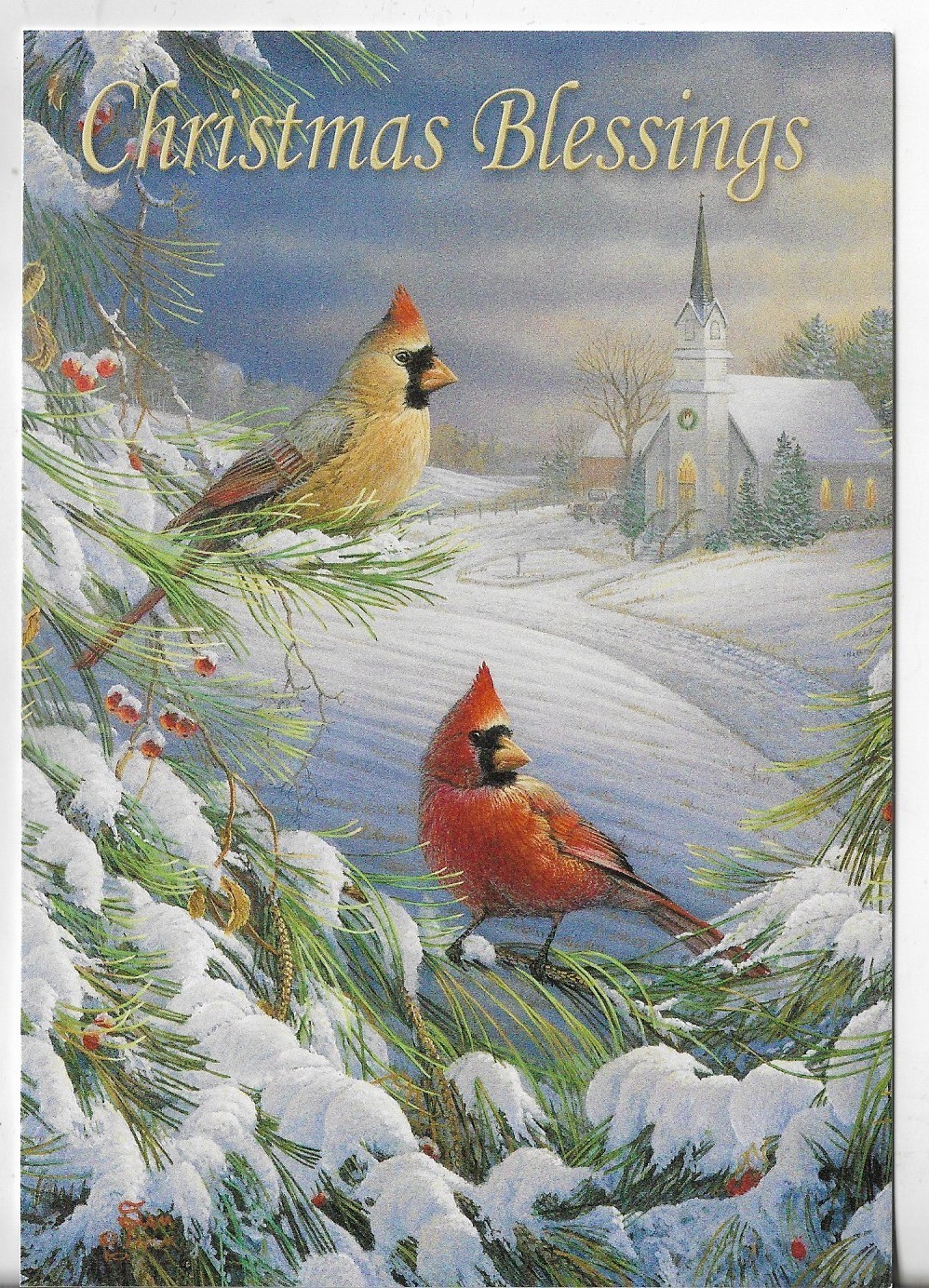 NOS LEANIN’ TREE Christmas Card 4.75×6.75 Male & Female Red Cardinal Church Snow