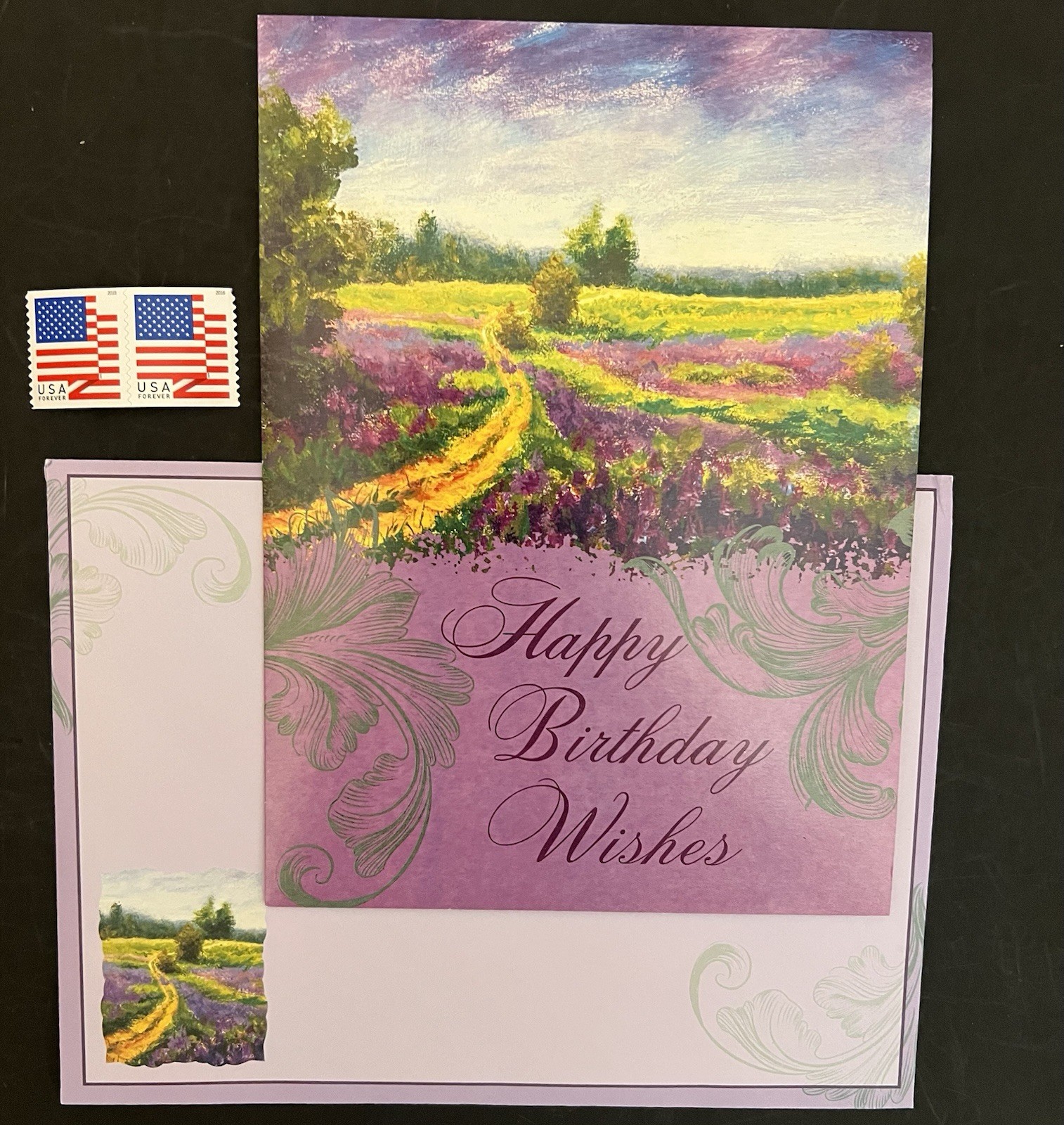 Lavender Fields At Sunset Birthday Card Purple Decorated Env/Stamps BN Scenic