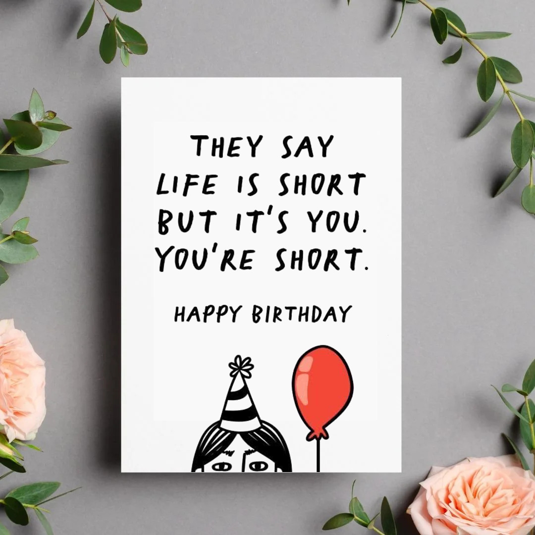 Funny Birthday Card for Short People with Balloon Illustration