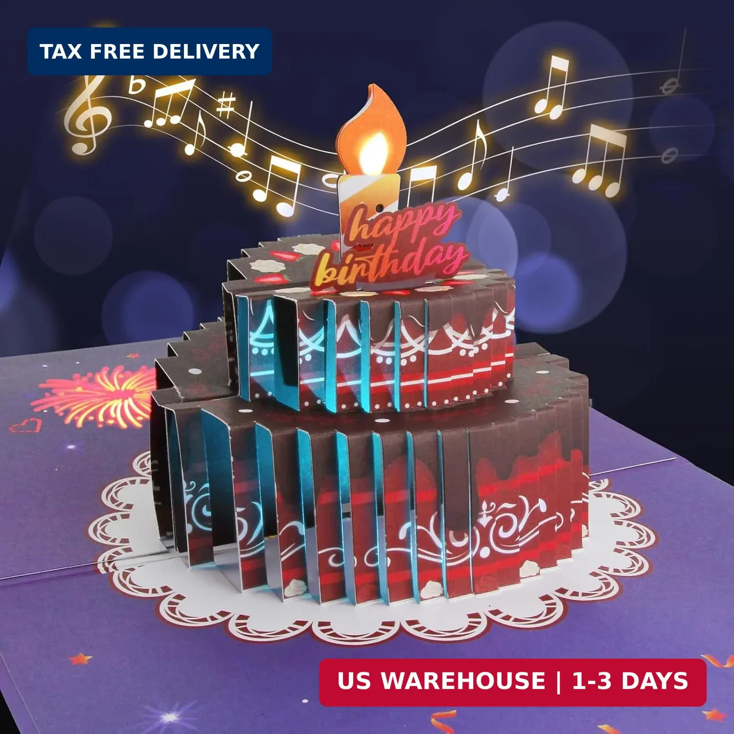 XTF2015 Birthday Cards Fireworks 3D Pop Up Chocolate Cake, Lights and Musical Ha