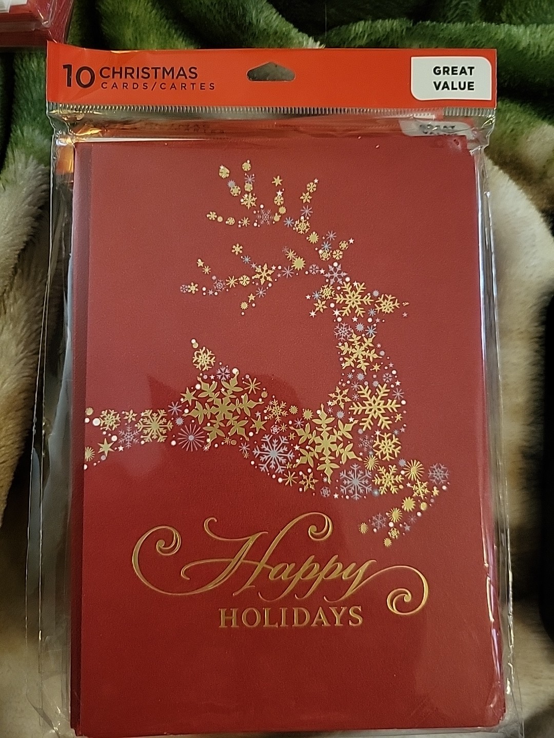 Hallmark Christmas Card: Red Gold Reindeer Best Wishes Happy Holidays