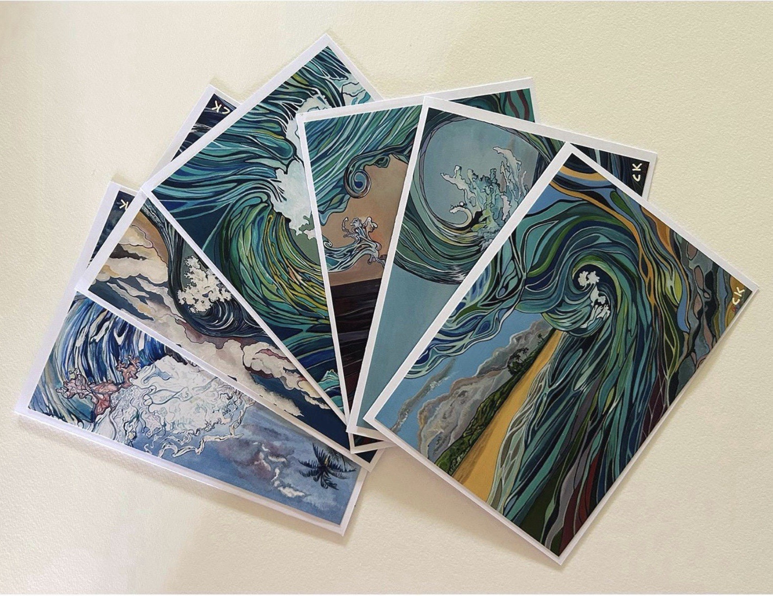 6 5×7 blank cards w/envelopes/gift box, Ocean Waves Hawaii, handmade by artist.