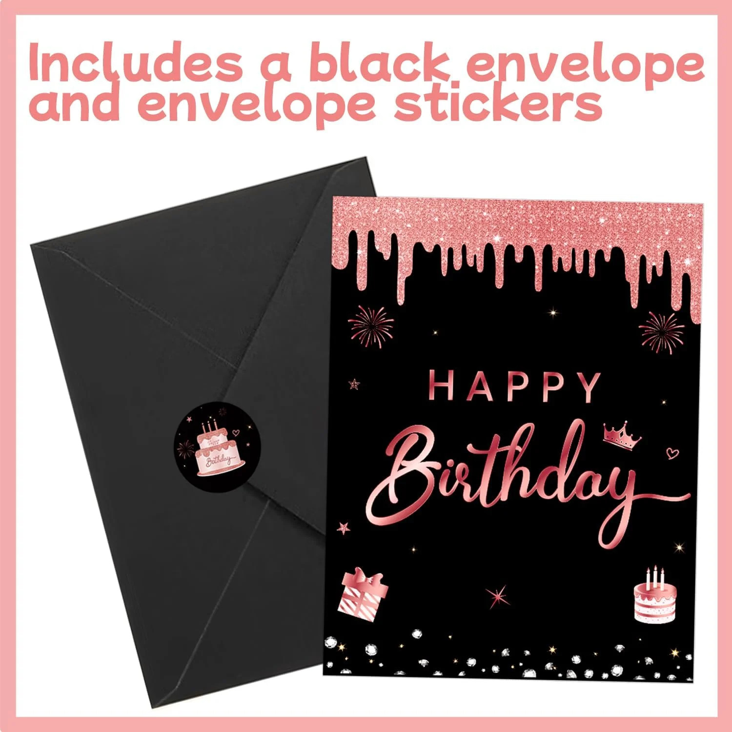 Black and Rose Gold Giant Birthday Card with Envelope, Large Happy Birthday Gues