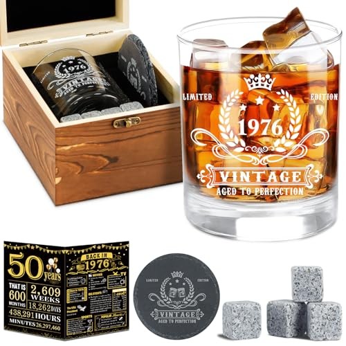 YeohJoy 50th Birthday Gifts for Men,Vintage 1976 Whiskey Glass Set,Wood Box &