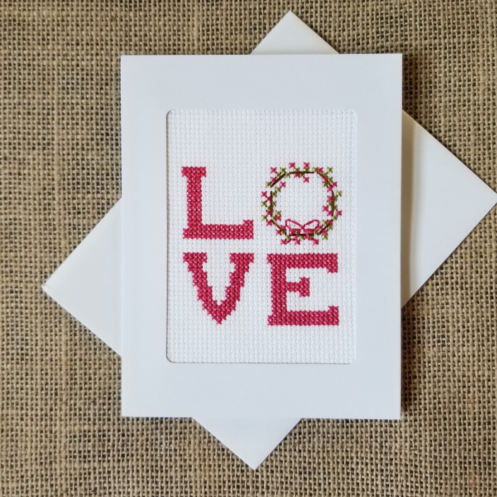 Finished Completed Cross Stitch Pink Love Wreath Blank Frame Card