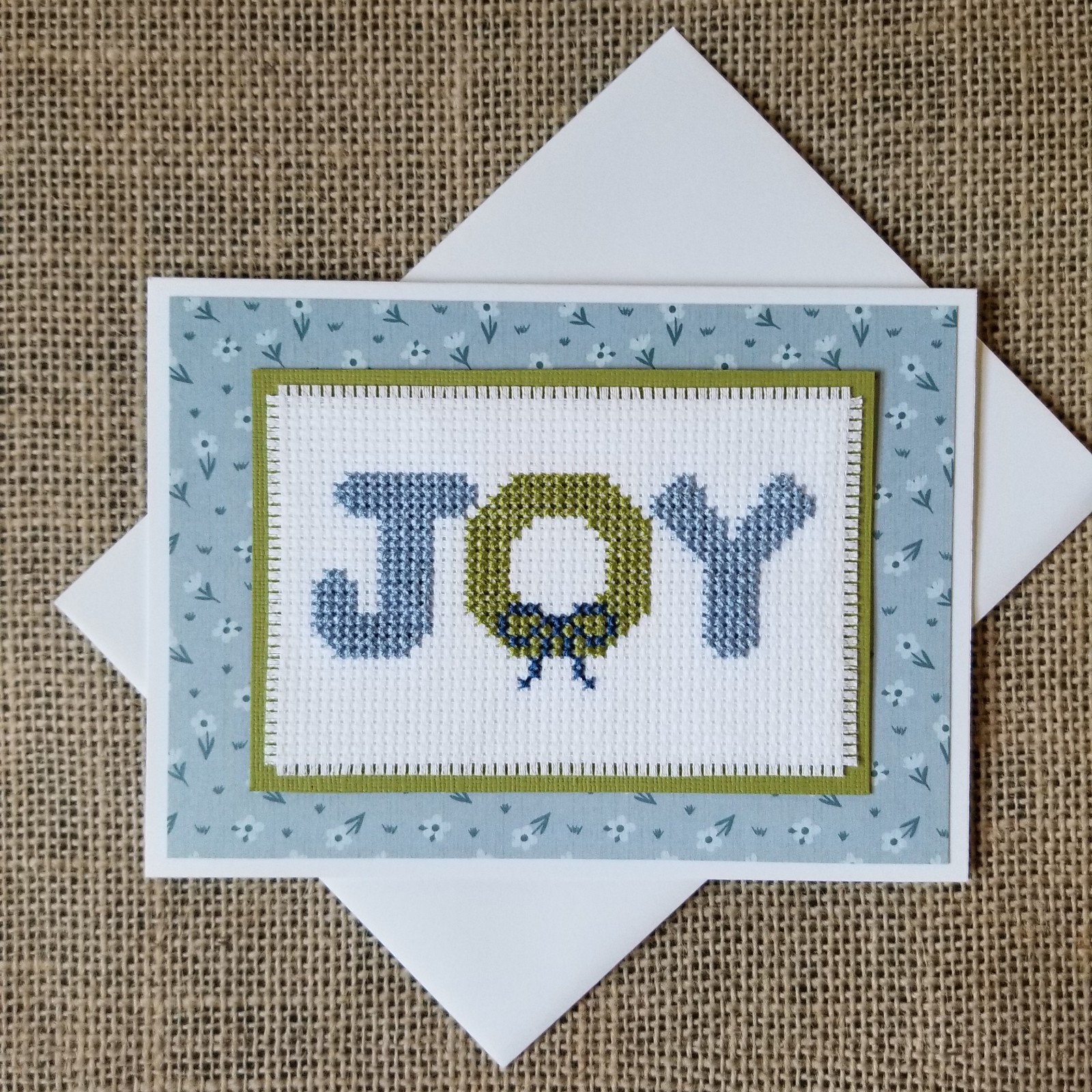 Finished Completed Cross Stitch Joy Wreath Blank Note Greeting Card