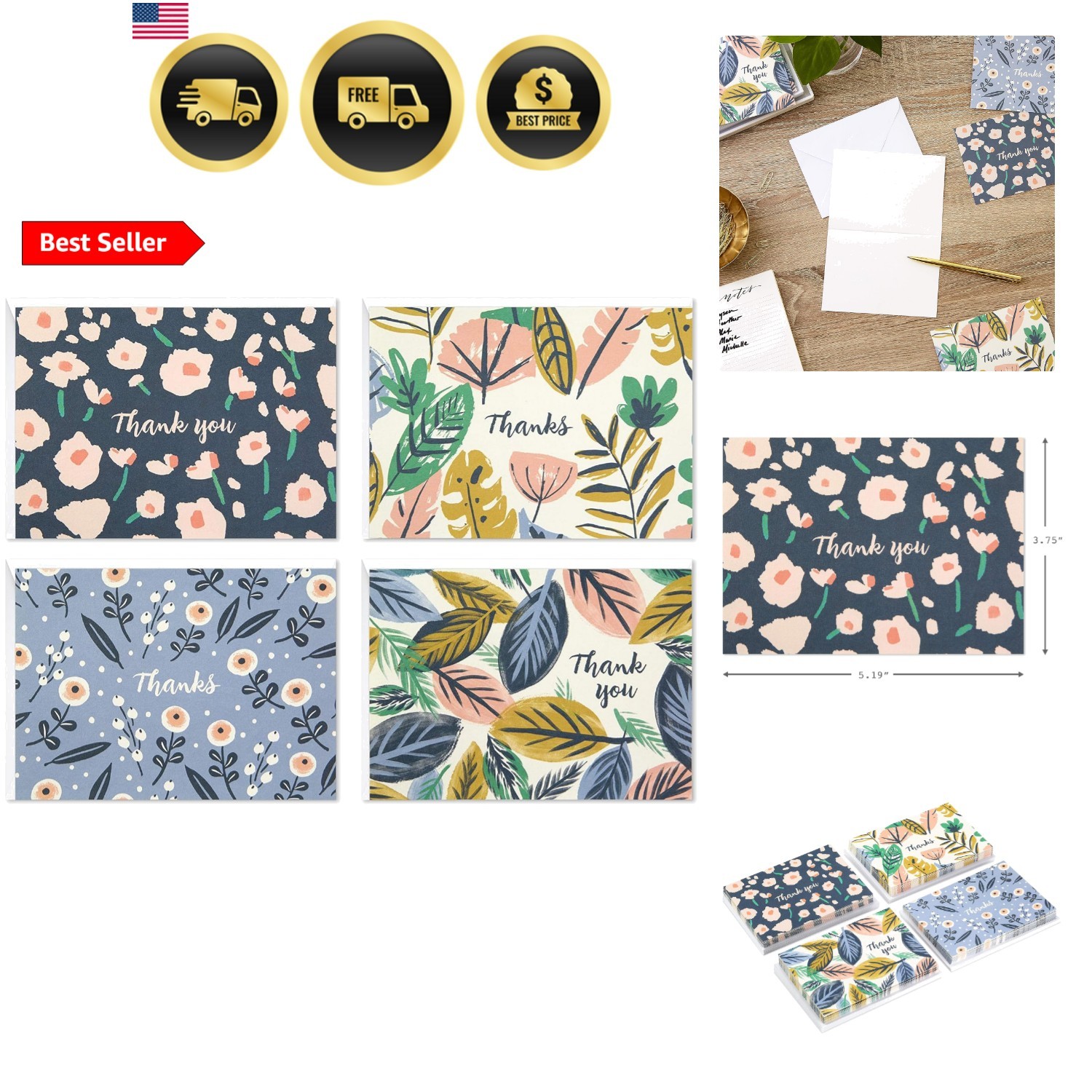 Thank You Cards Assortment, Painted Florals 48 Cards with Envelopes for Baby …
