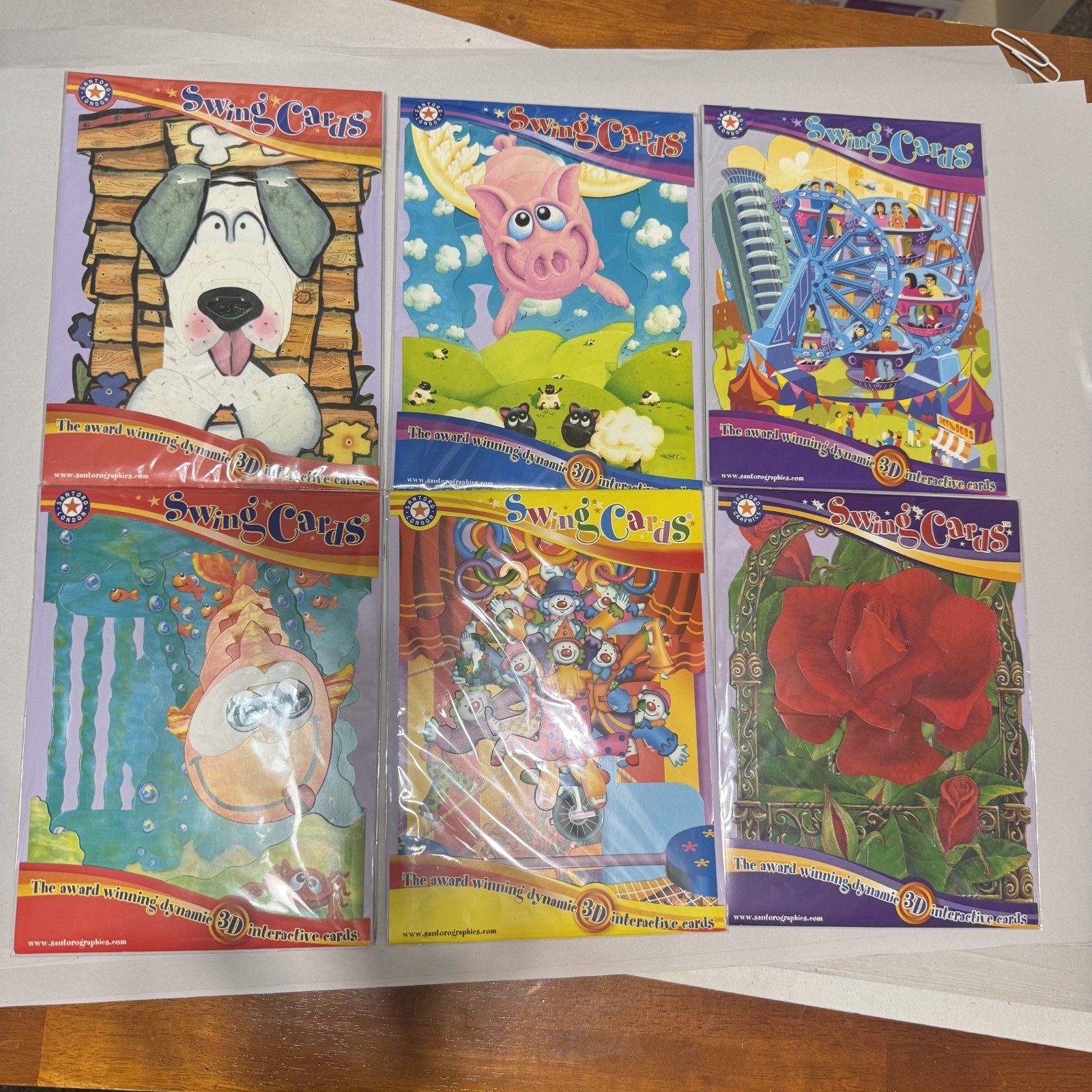 New Lot of 6 Swing 3D Popup Cards Santoro Birthday colorful dog pig circus roses
