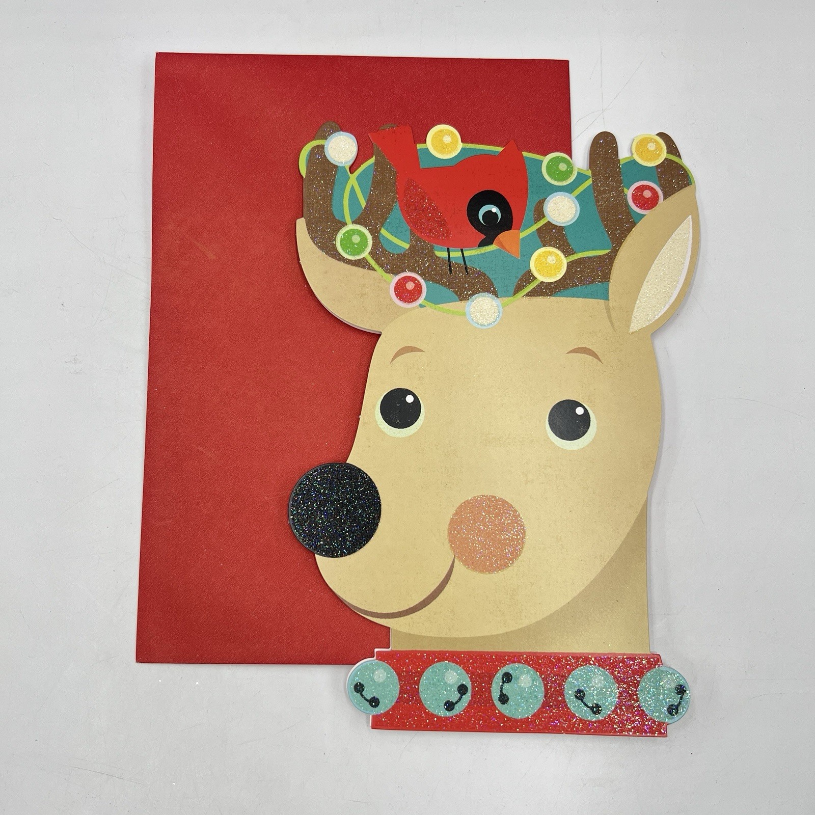 Hallmark Christmas Card Nephew Reindeer Cardinal Lights Glitter Fun Holiday