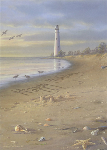 Tall Lighthouse on Beach LPG Greetings Christmas Card