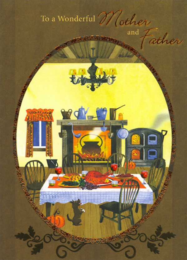 Table Chairs Fireplace in Rustic Setting Mother and Father Thanksgiving Card
