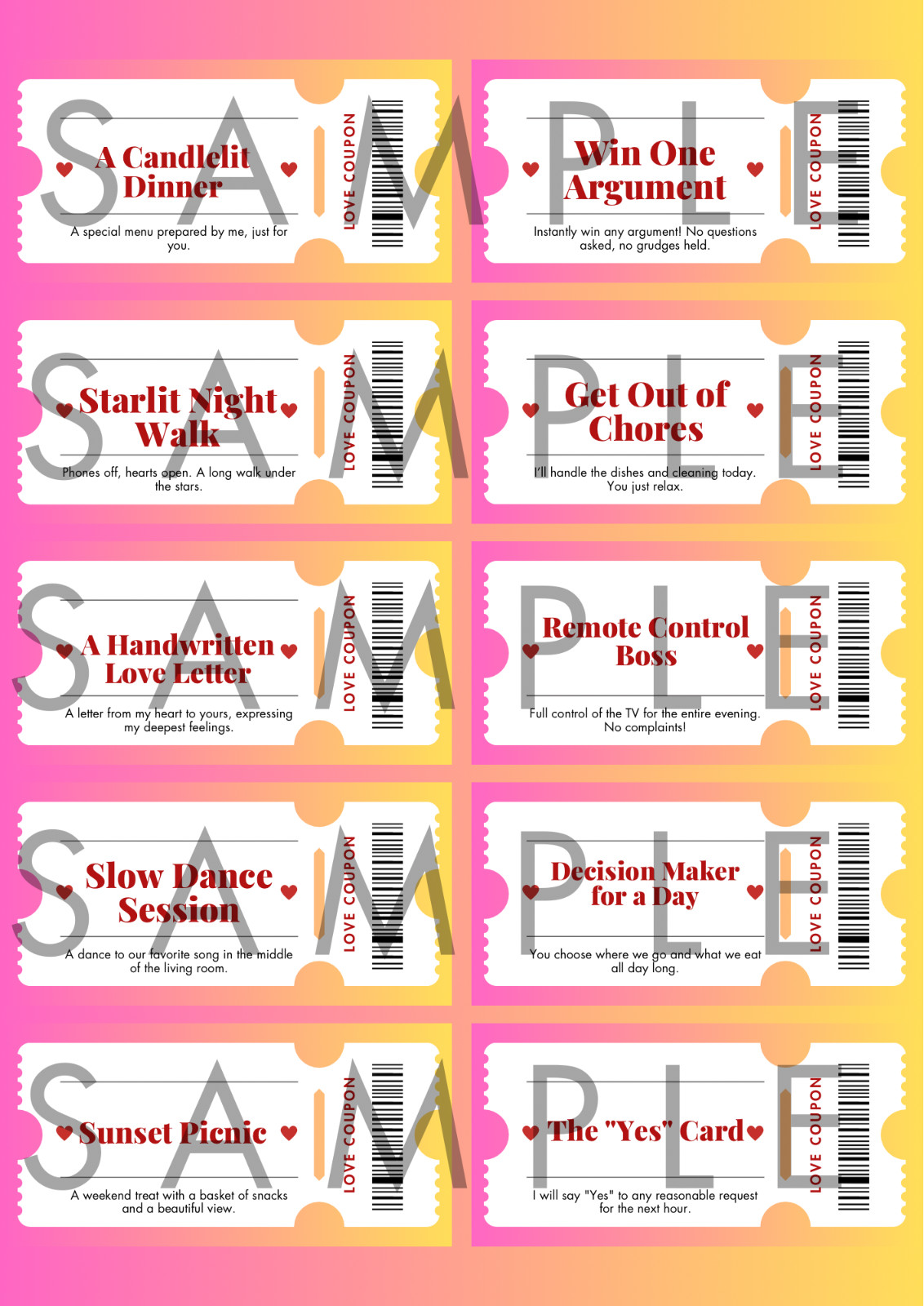 40 Printable Love Coupons MEGA PACK, 30 Pre-filled & 10 Blank Cards, Valentine’s