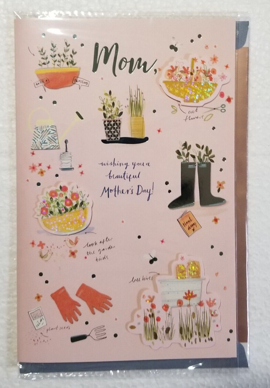 Mother’s Day Greeting Card Mom Floral Garden Self Sealing Foil Lined Envelope