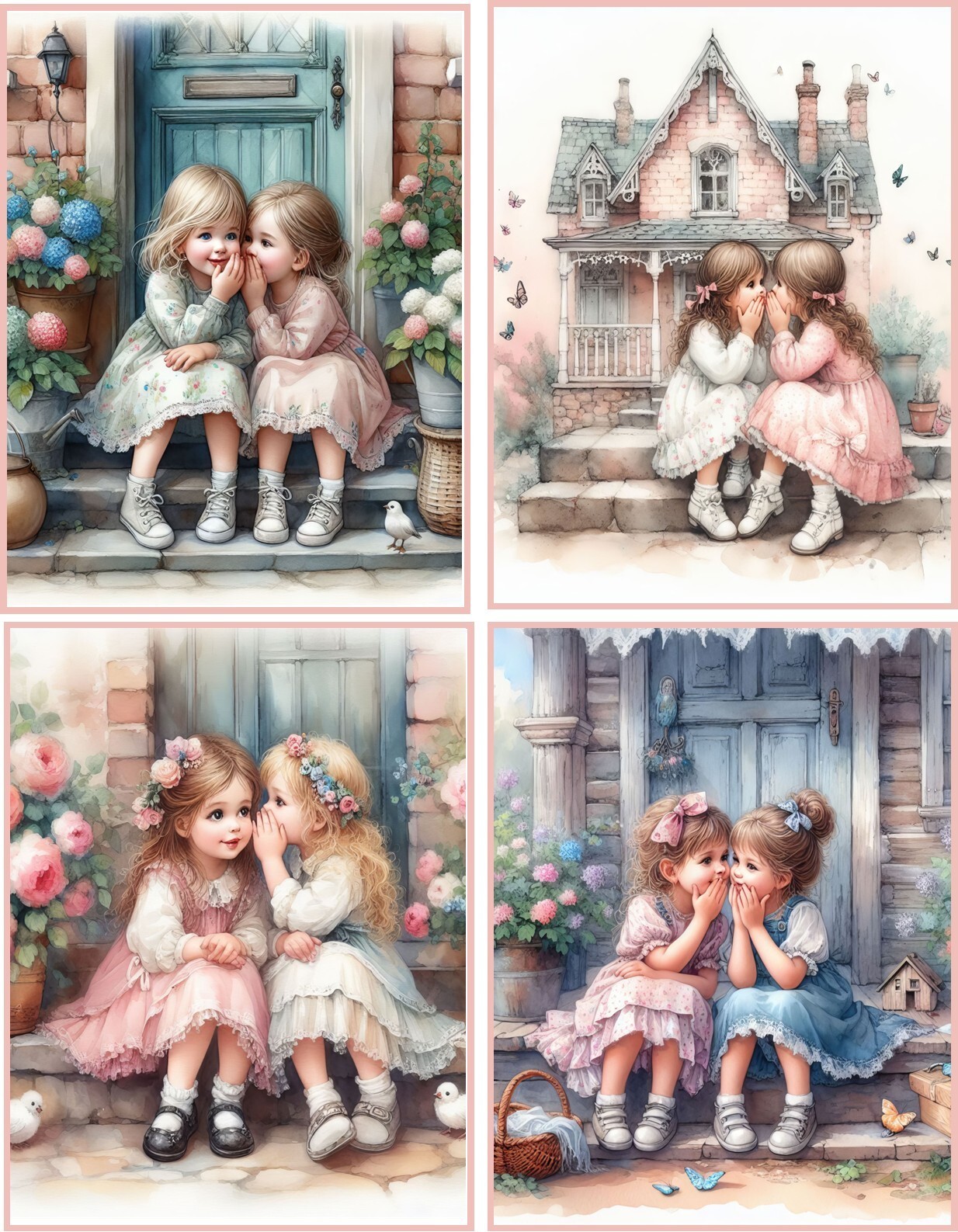 8 LITTLE GIRLS SHARING SECRETS SHABBY CHIC GLOSSY BLANK NOTE CARD ENVELOPES