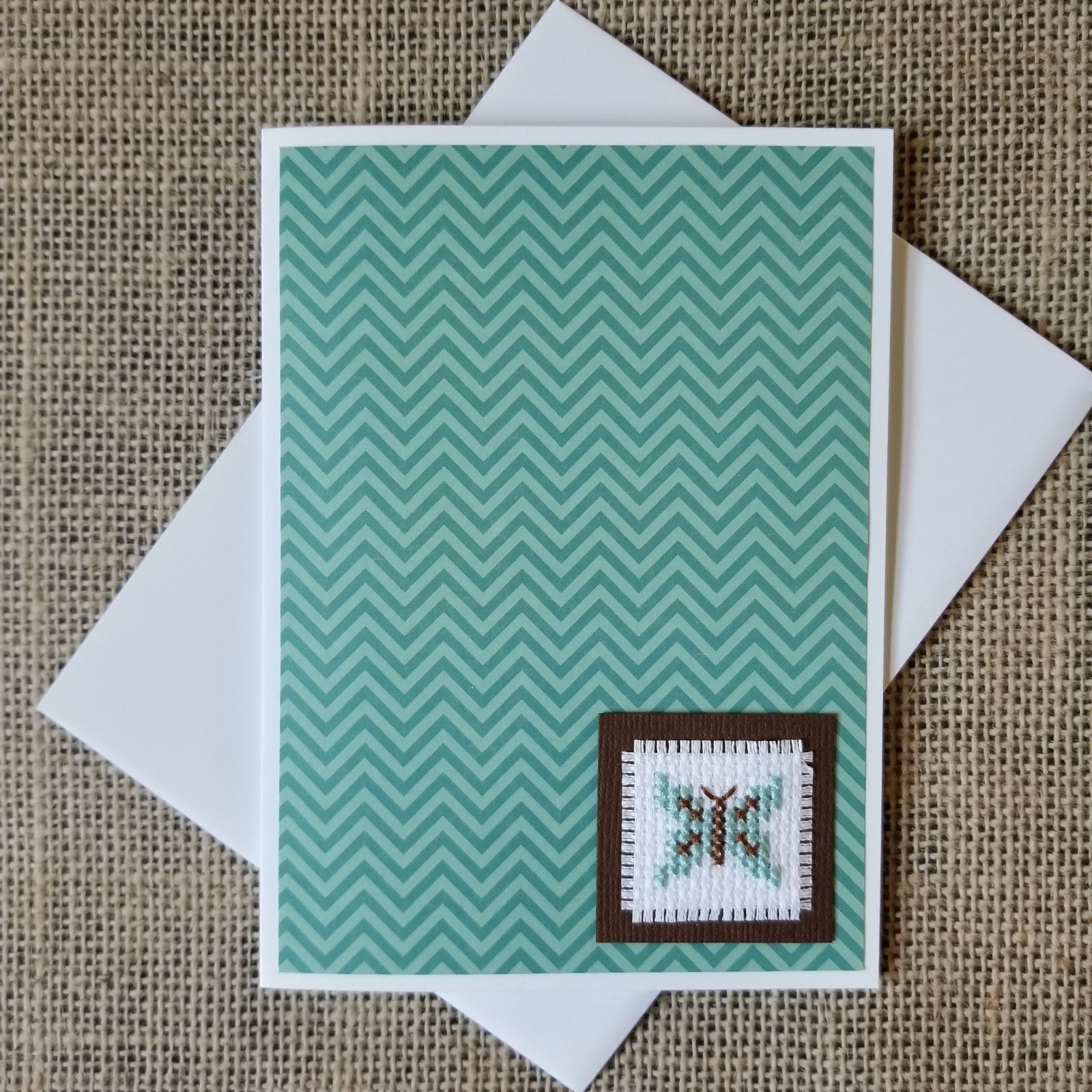 Finished Completed Cross Stitch Turquoise Butterfly Blank Note Greeting Card