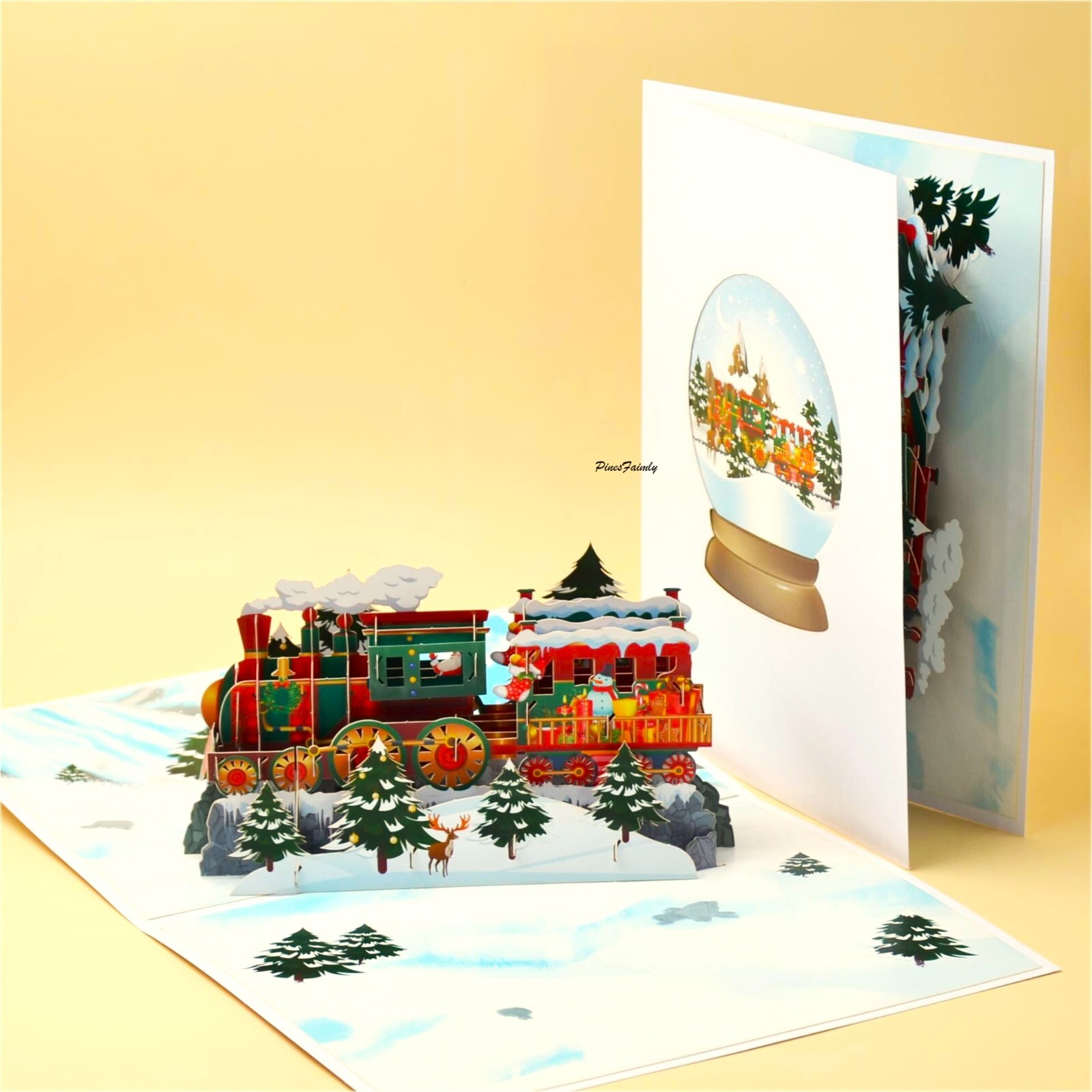 B03-3D Pop Up Christmas Greeting Card (Train, Christmas Tree, Santa, and Deer