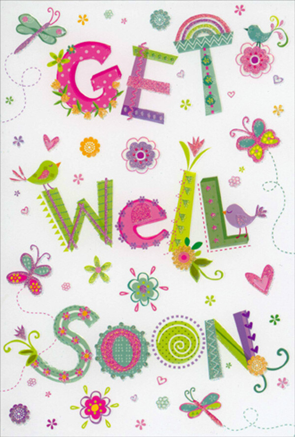 Pictura Bright Shimmering Floral Text on White Get Well Card