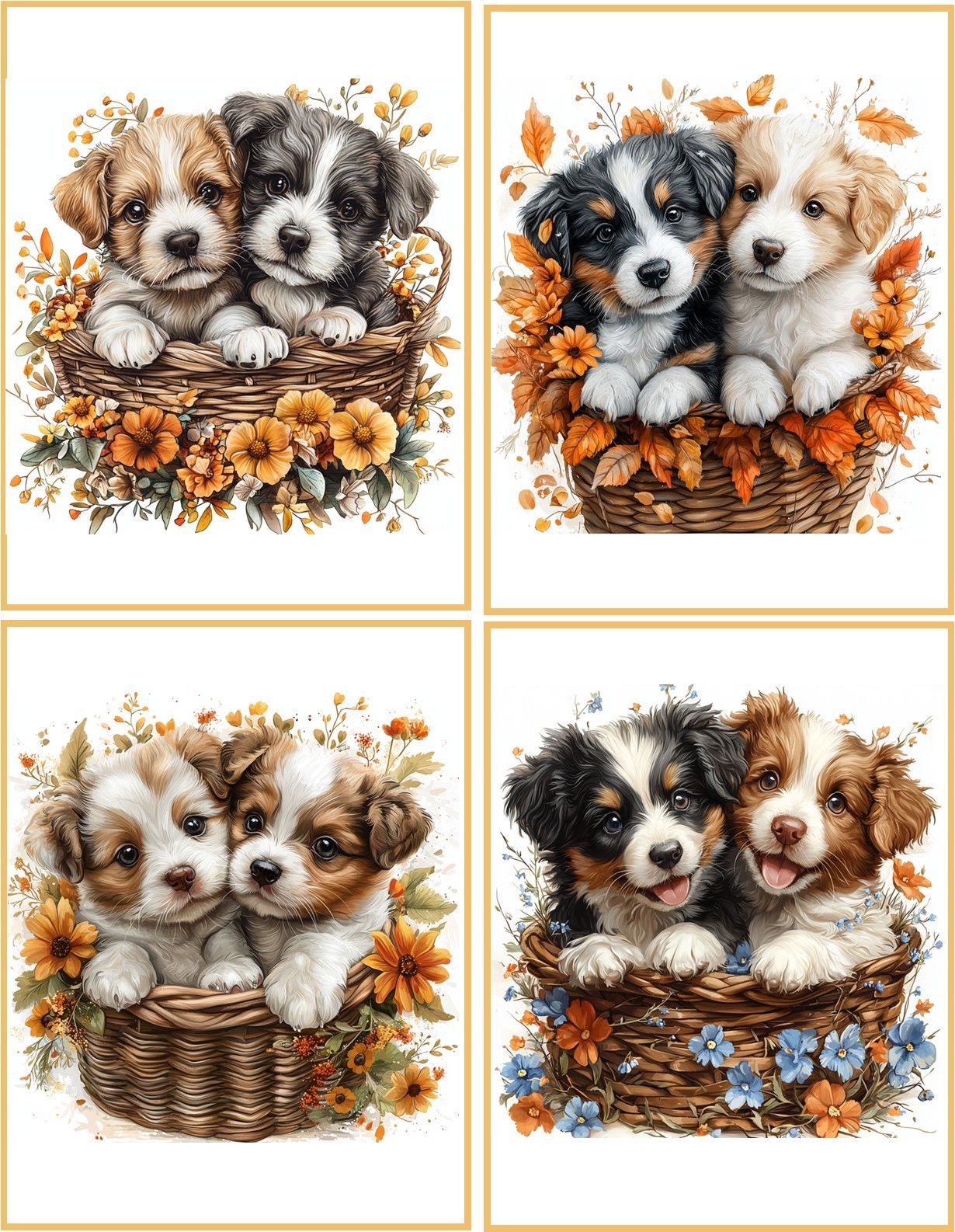 8 Puppy Dogs in Basket Fantasy glossy blank fold out Note Card envelopes