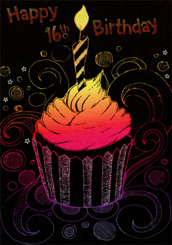 Cupcake with Red and Orange Frosting on Black Age 16 / 16th Birthday Card