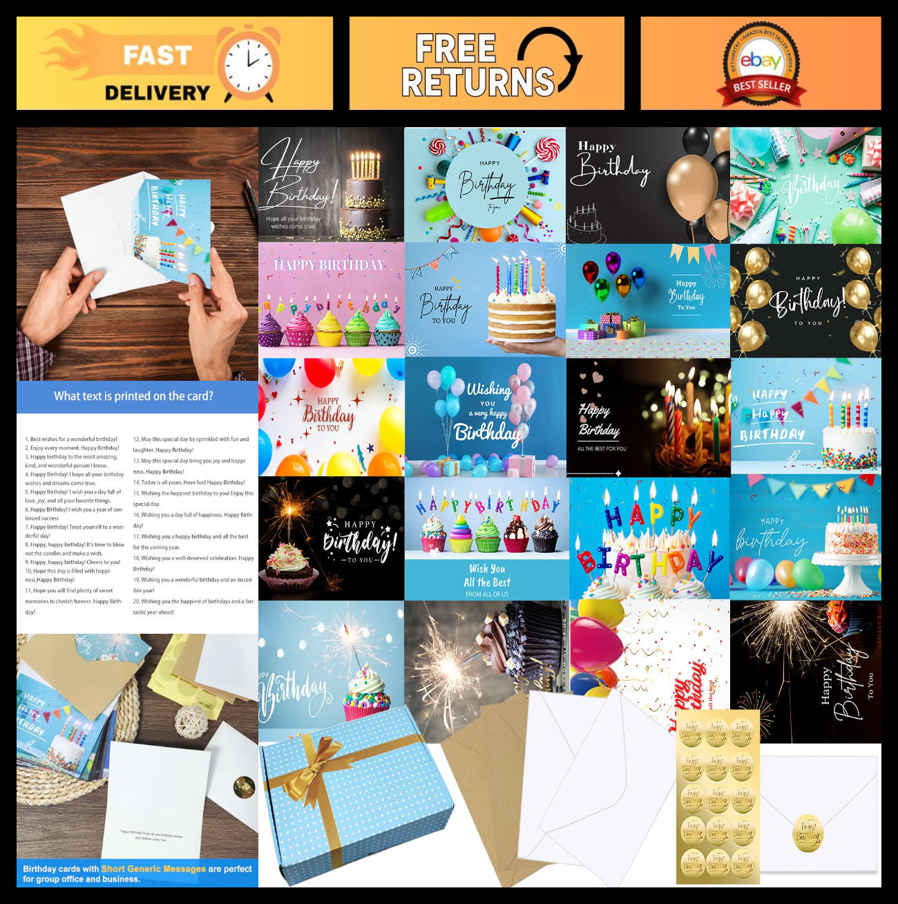 Bulk Birthday Cards Set – 160 Cards with Envelopes, 20 Unique Designs, 4×6 inche