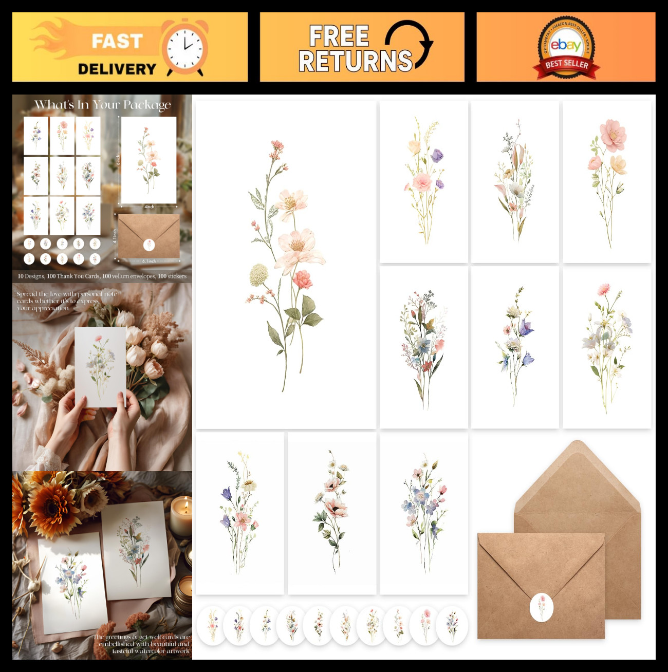 100 Pack Blank Greeting Cards 4×6 with Envelopes, Floral Note Cards, Stationery