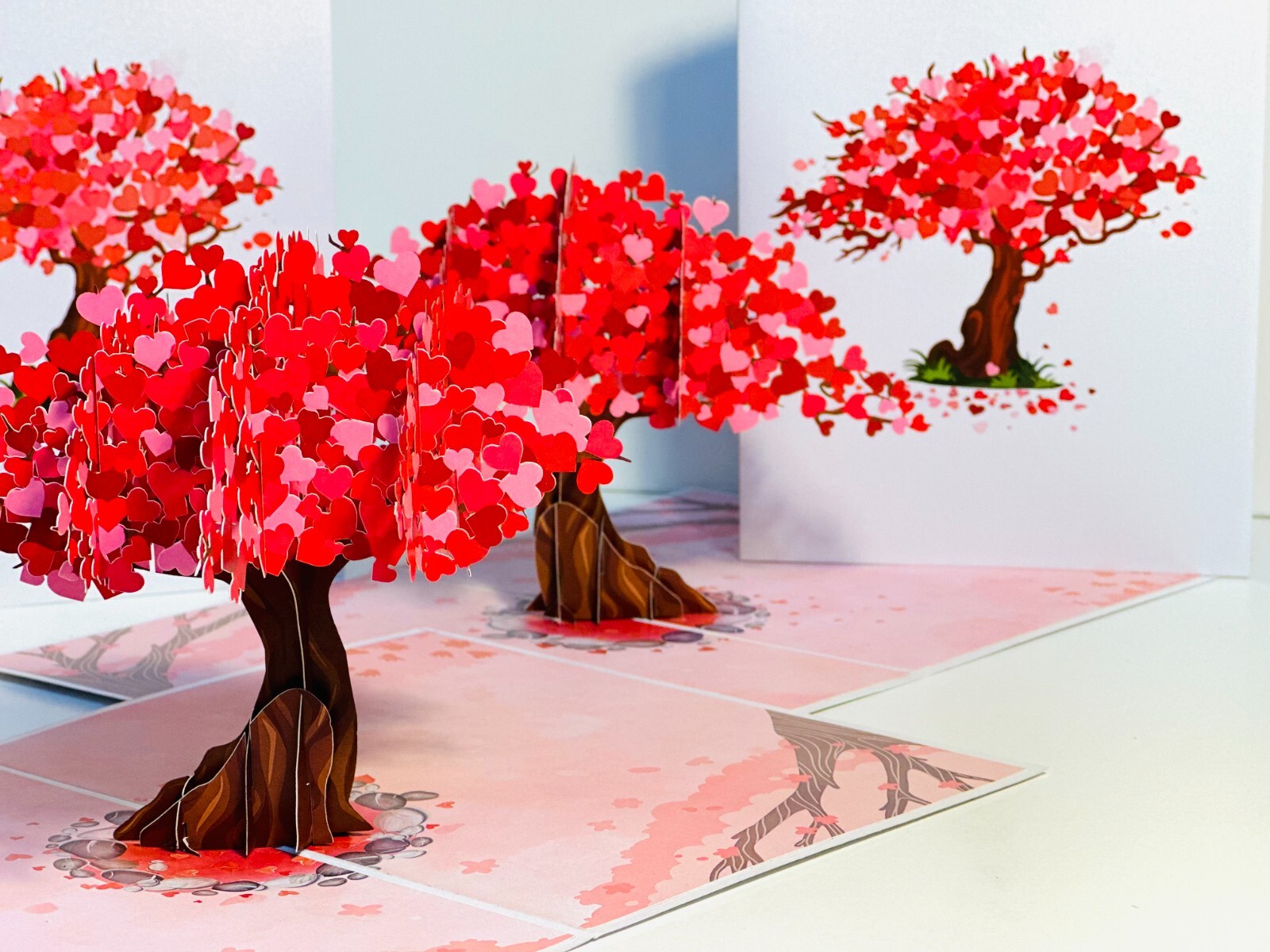 Origami Pop Cards Hot Pink Love Heart Spring Cherry Blossom Tree Handmade 3D
