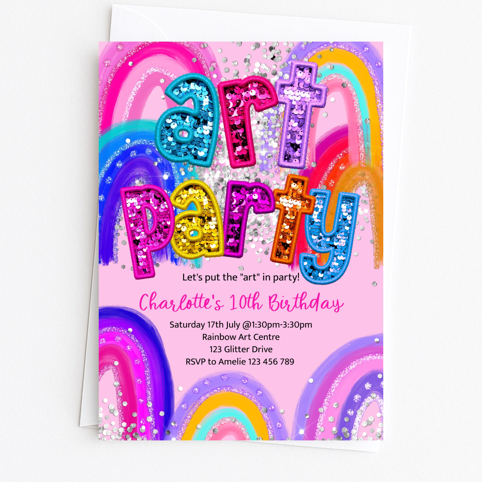 YOU PRINT, Art Party Birthday Invitation, Rainbow Sequin Personalised Custom
