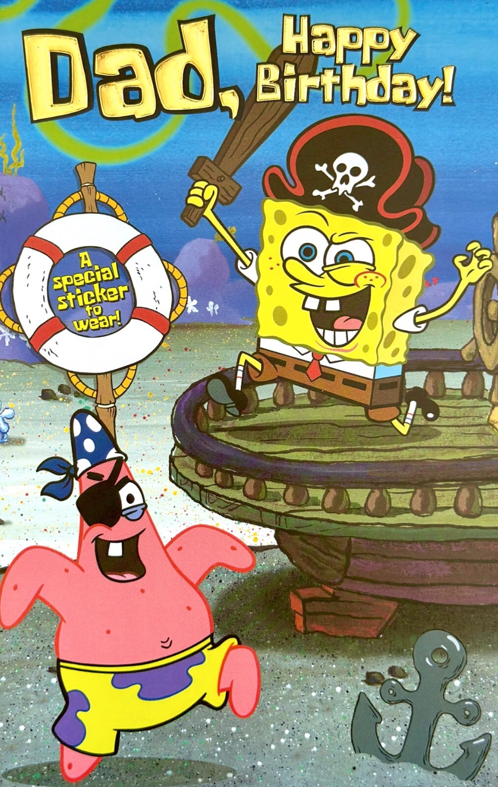 Spongebob BIRTHDAY Card & Sticker FOR BEST DAD LAND OR SEA by American Greetings