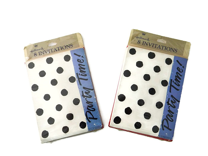 1968 Sealed Polka Dot Party Invitations Set of 8 by Hallmark Black White Blue
