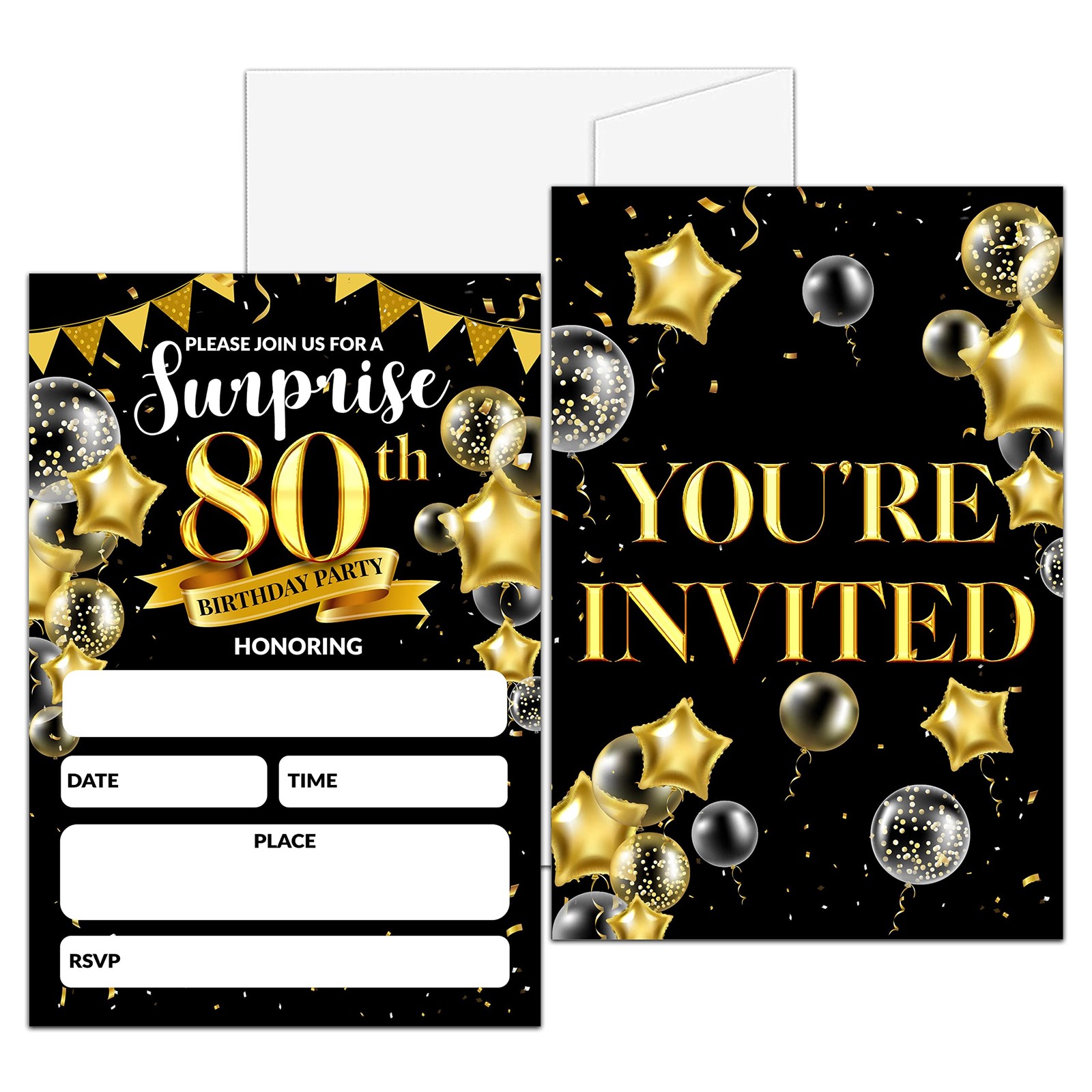 Surprise 80Th Birthday Party Invitation, Black and Gold Fill-In Invites for Adul