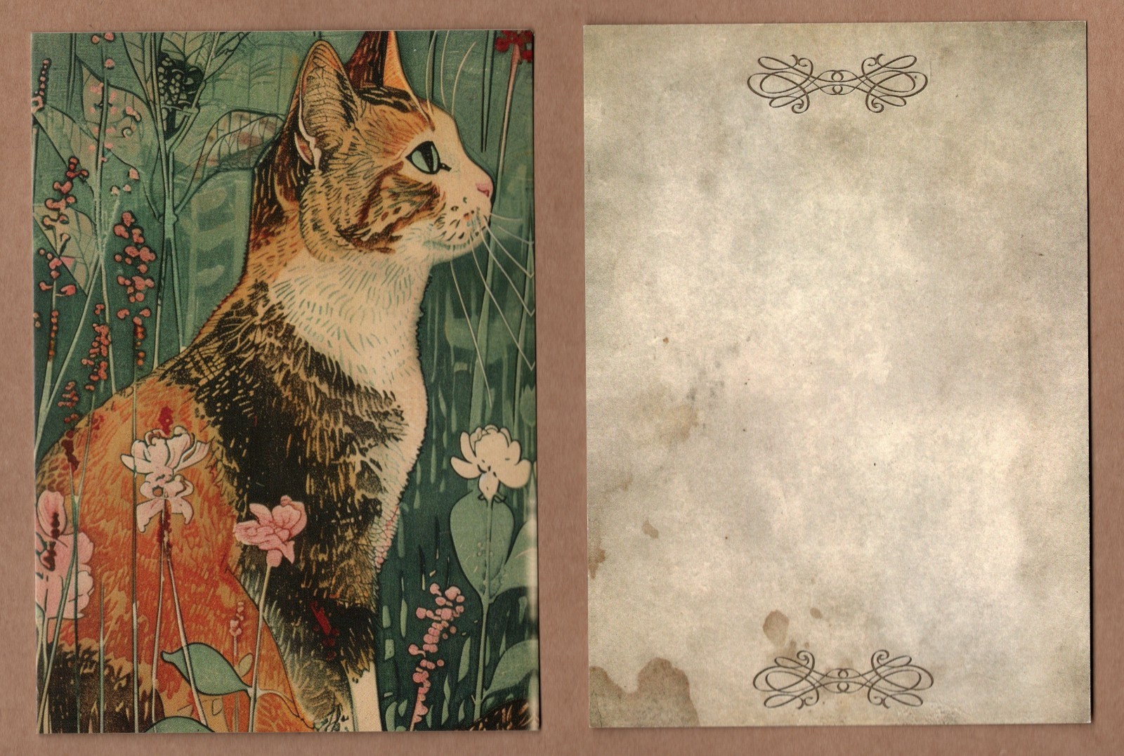 Cat Mini Art Print or Postcard, Multicolored Kitty, Floral, 5.5″ x 4″