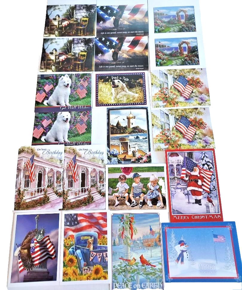 20 Patriotic Greeting Cards UNUSED w/Envelopes AMERICAN FLAG Blank Var. Messages