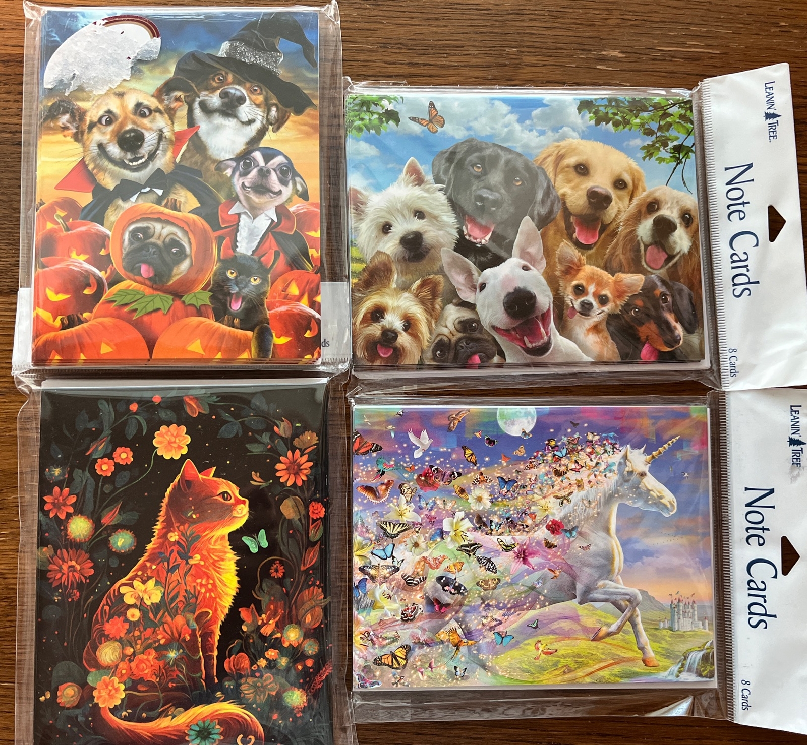 Leanin Tree NOTE CARDS 8 note cards & envelopes Unicorns cat & Halloween & Dogs