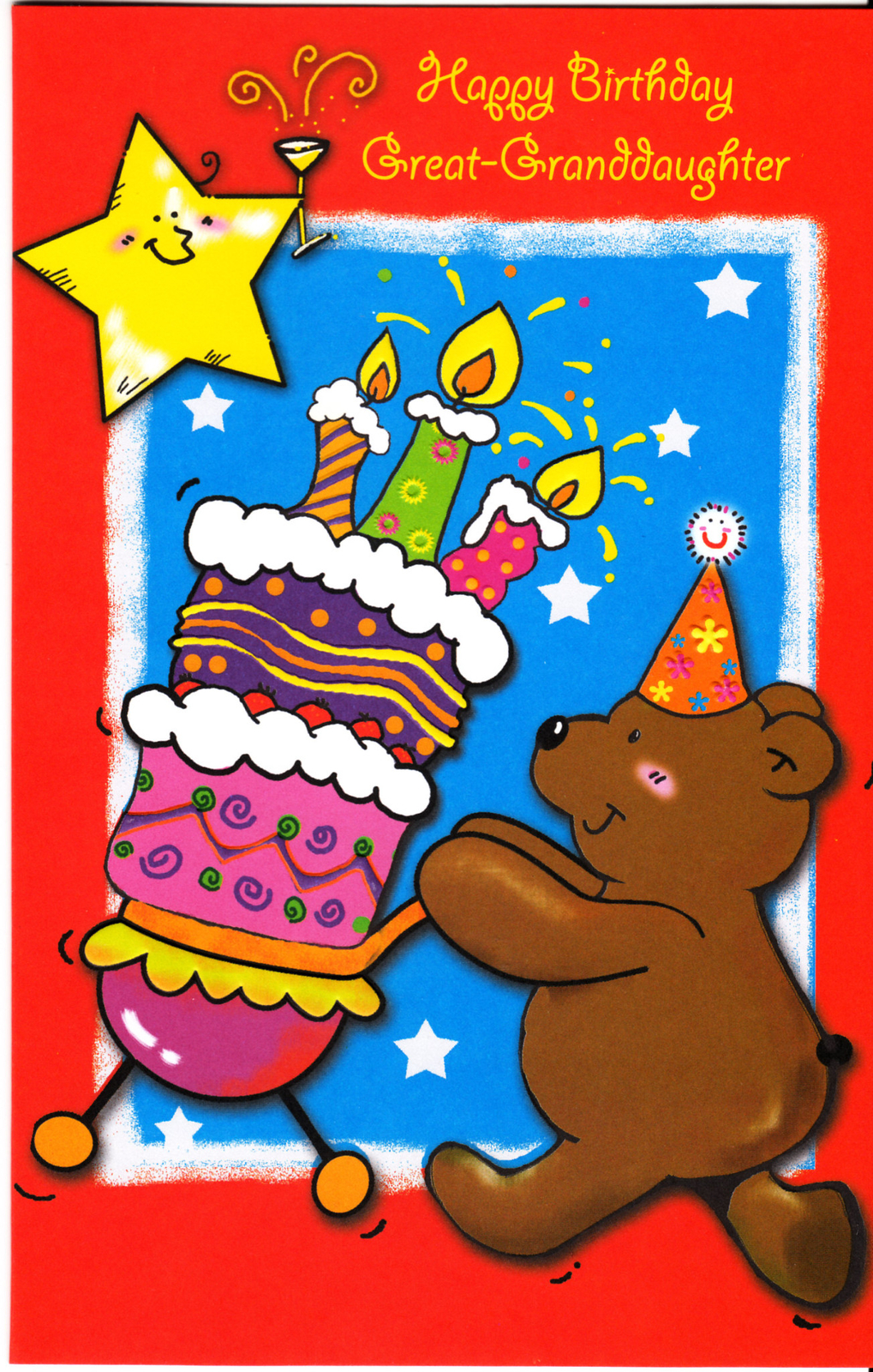 1 Happy Birthday Card for Great Granddaughter Teddy Bear Present Cake w Envelope