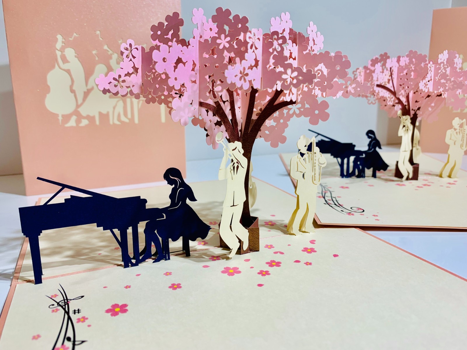 Origami Pop Cards Pink Symphony Orchestra Music Band under Cherry Blossom Tree