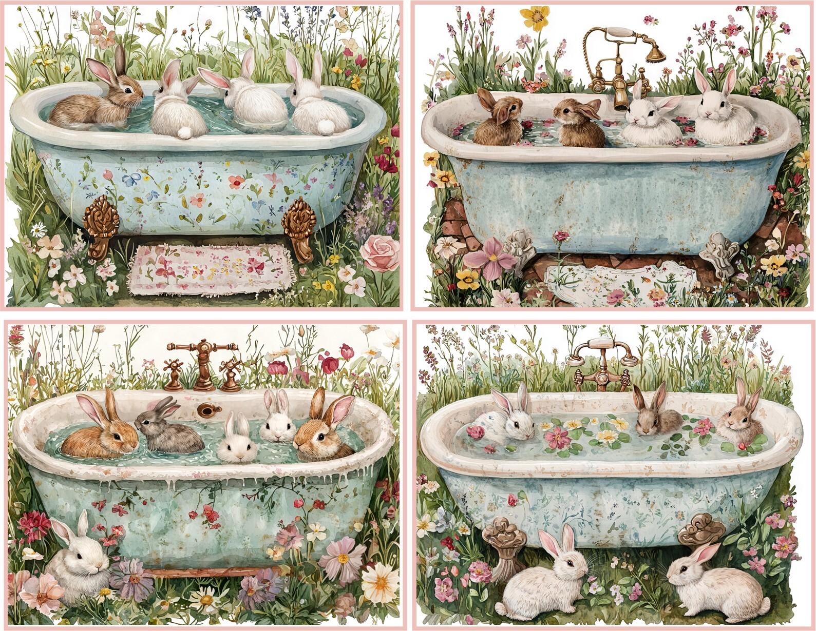 8 Bunny Rabbit in tub vintage fantasy shabby chic glossy note card envelopes