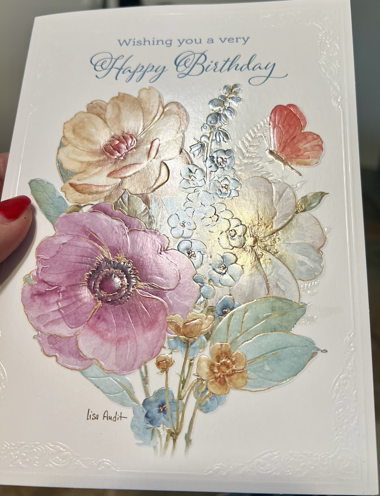Beautiful Floral Birthday Art Card Embossed Lisa Audit Env/Gift Tag/Stamps BN