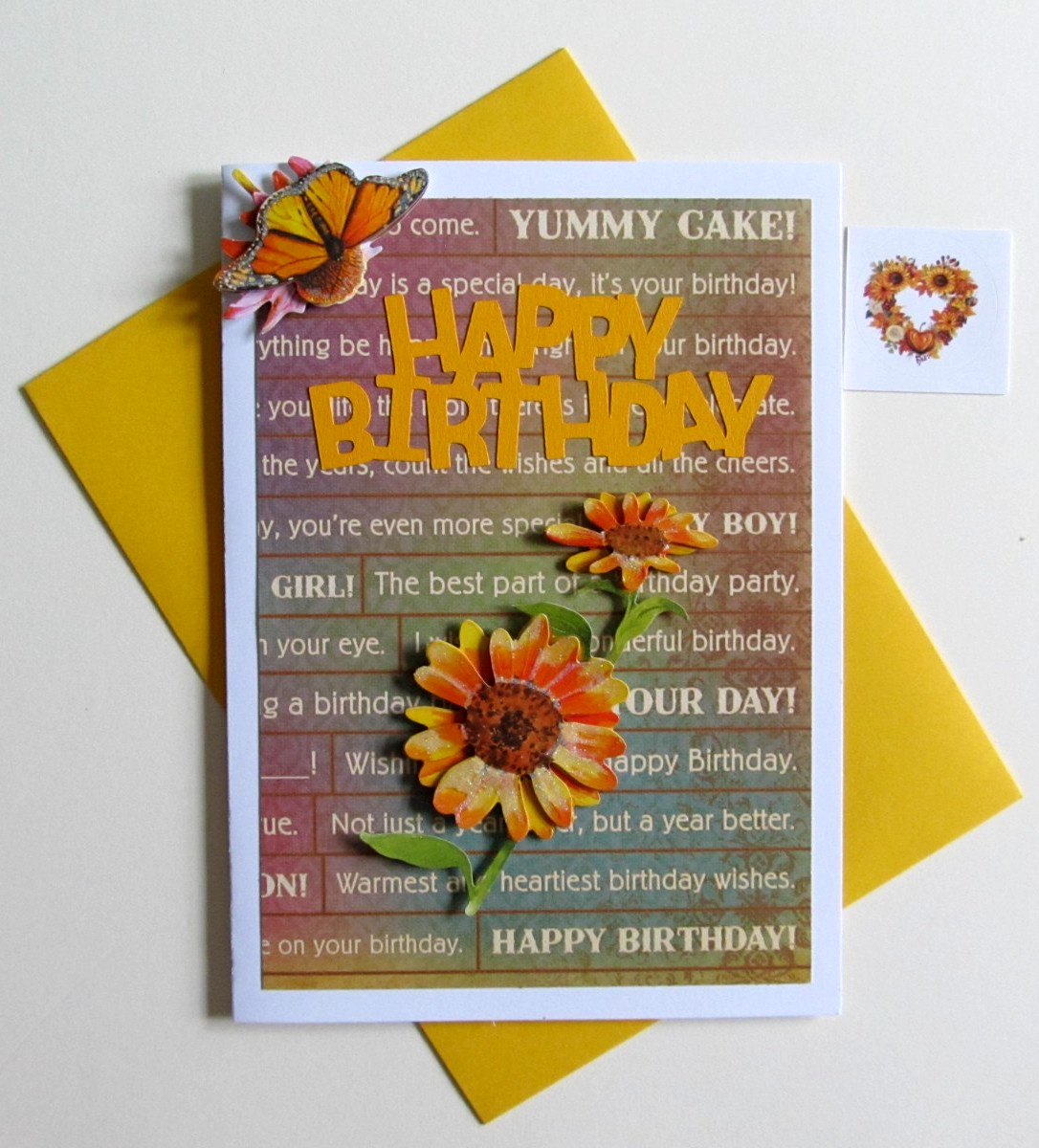 Handmade Birthday Greeting Card, Env. & Seal -Dimensional Sunflowers & Butterfly
